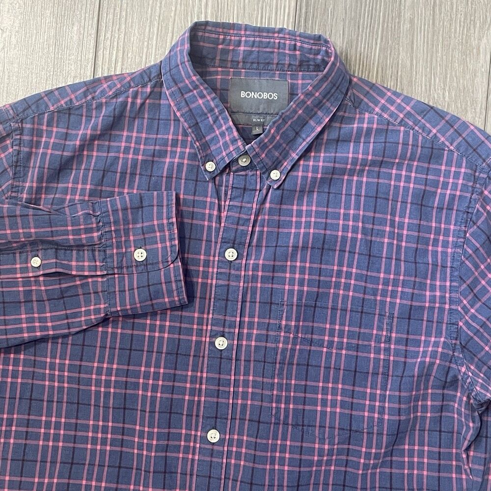 Bonobos Button Down Shirt Men's L Slim Fit Blue Plaid Business Long Sleeve